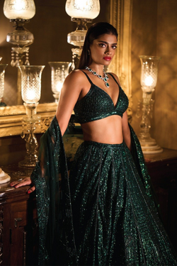 Buy Mahima Mahajan Dark Green Embroidered Lehenga Set at Redfynd