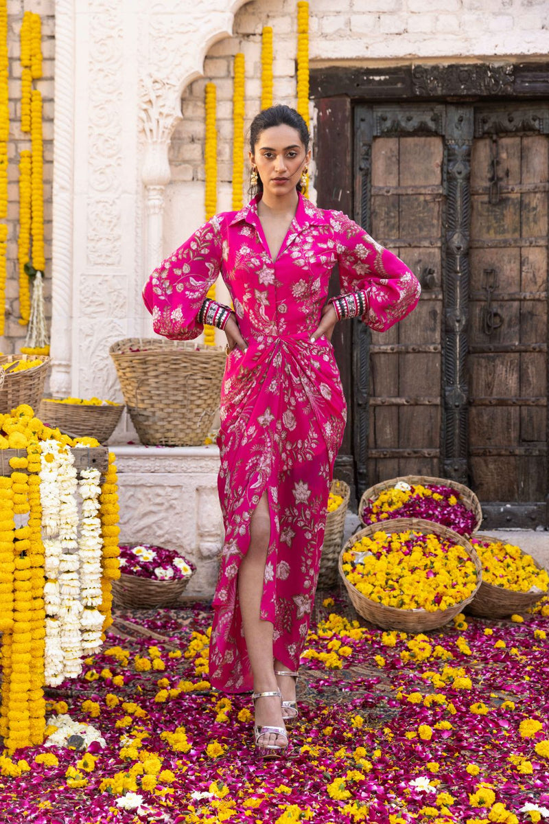 Hot Pink Floral Printed Draped Dress