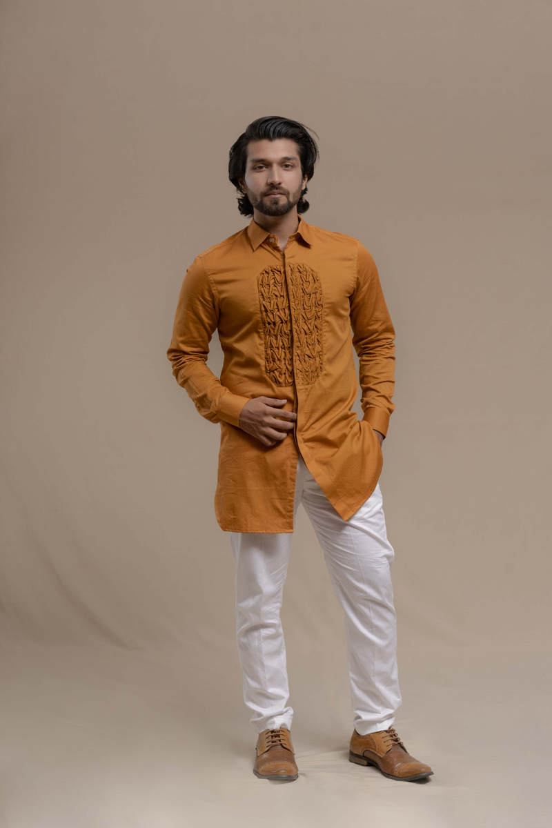 OCHRE SMOCKING SHORT KURTA/TUXEDO SHIRT SET