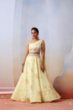 Off White Printed And Embroidered Drape Lehenga Set