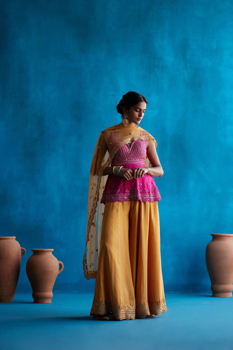 Mustard Sharara Set With Rani Pink Peplum