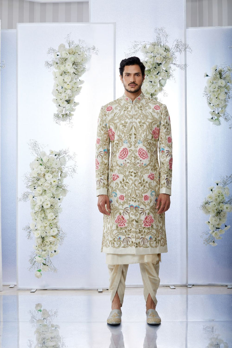 Cream Gold Multi-Coloured Sherwani Set