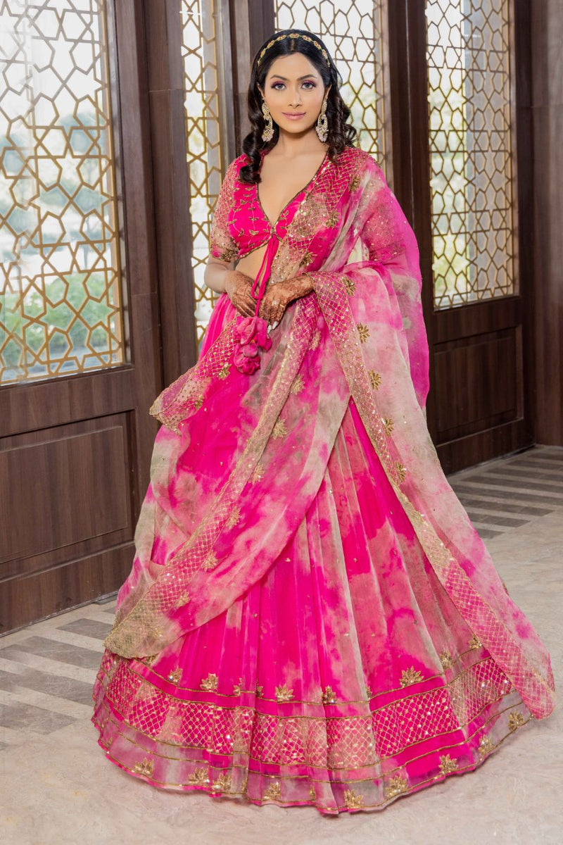 Gulaabo-Rani Pink Tie And Dye Hand Embroidered Lehenga Set