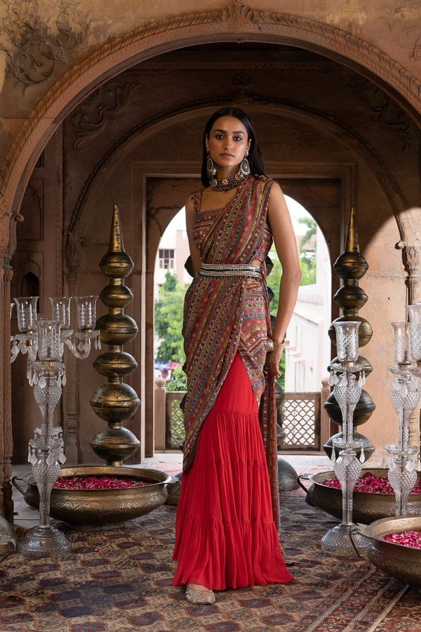 Red Printed Sharara Saree with Blouse and Belt