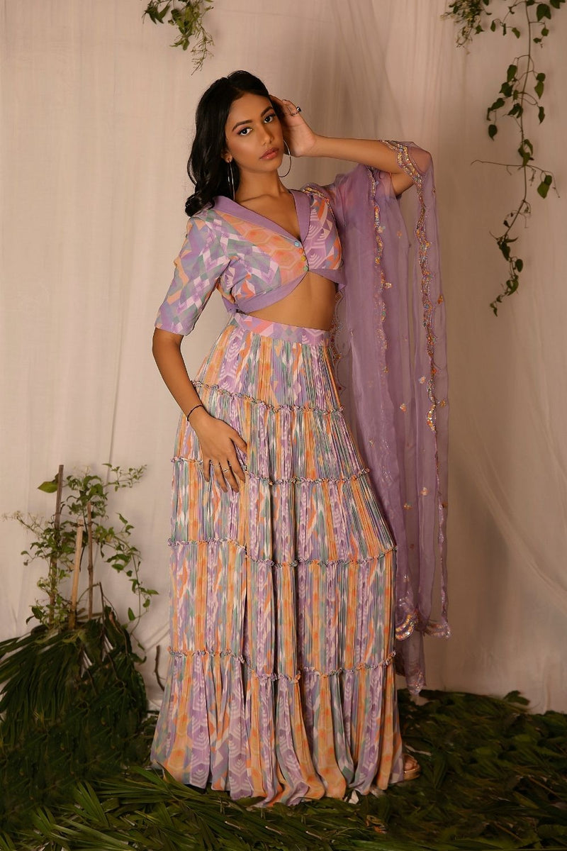Printed Blouse, Tiered Skirt and Hand-embroidered Dupatta