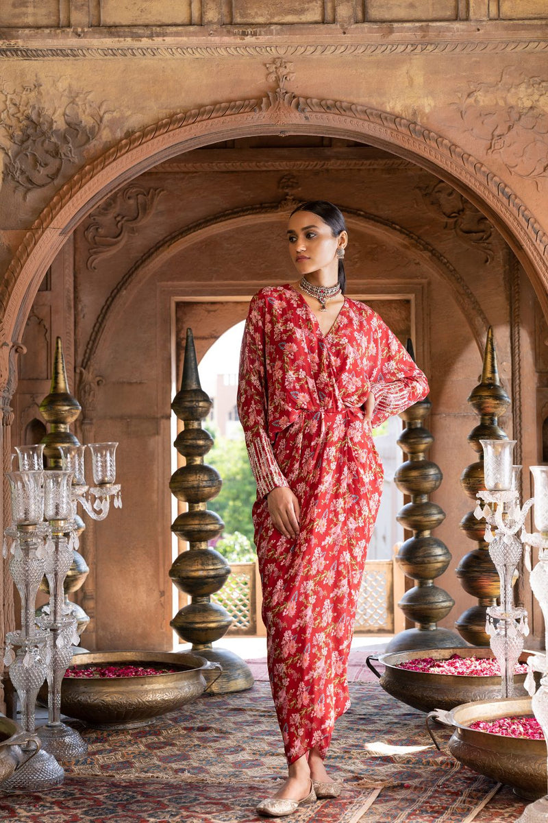 Maroon Printed Draped Dress