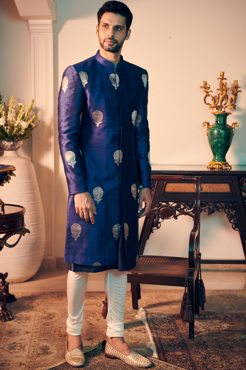 Royal Blue Raw Silk Sherwani