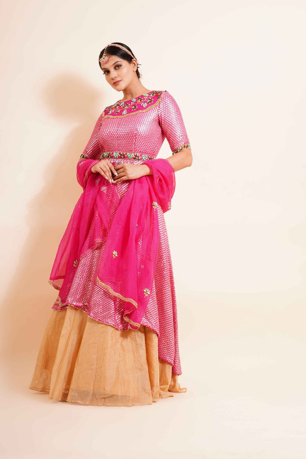 4 Piece Hand Embroidered Anarkali With Dupatta, Belt And Skirt