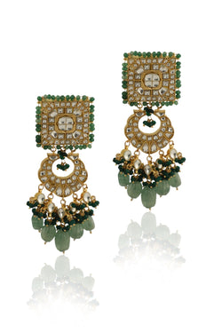 WHITE JADTAR STONE EARRINGS WITH GREEN MOTI WORK AND SEA GREEN BEADS