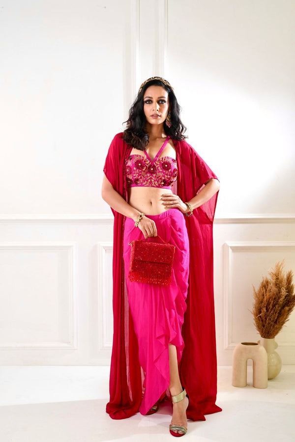 SHIRIN   Maroon and pink Drape Skirt and Cape