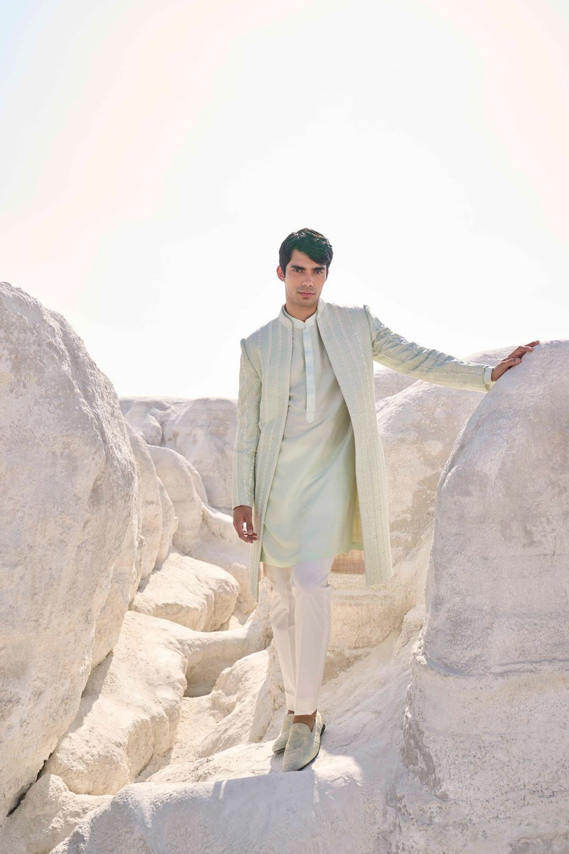 Sea Green Pearl Open Sherwani Set