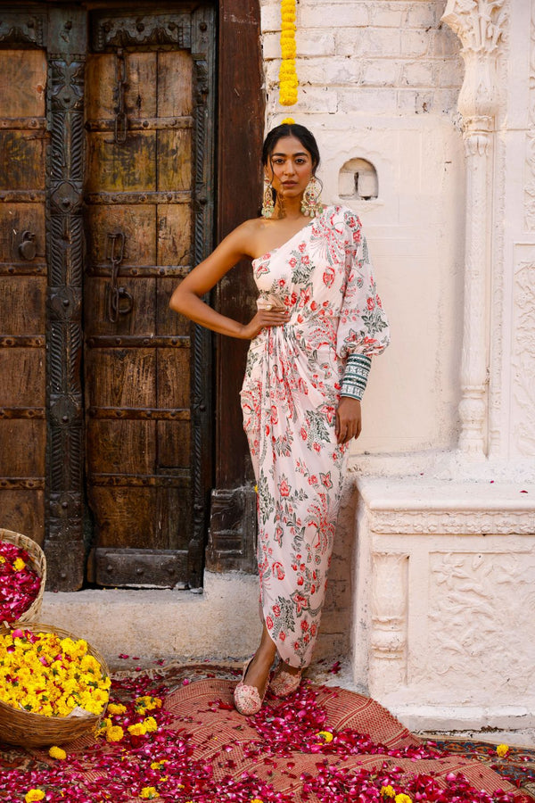 Light Peach Printed One Shoulder Drape Dress With Embroidered Cuffs