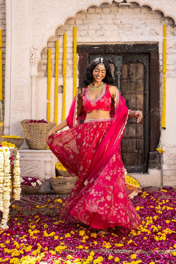 Hot Pink Printed Lehenga Set With Hot Pink Organza Dupatta