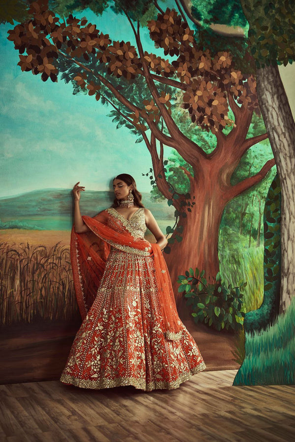 Orange Leather Lehenga Set