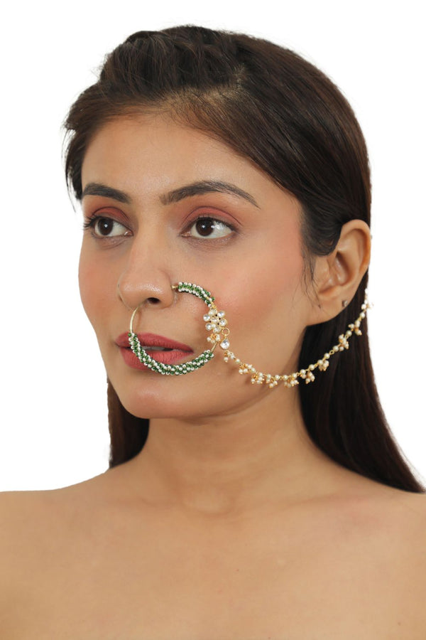 GREEN AND WHITE BEADS NOSE RING WITH FLORAL DESIGN