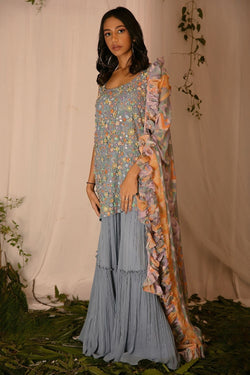 Hand-embroidered Kurta with Tiered Sharara and Ruffled Dupatta