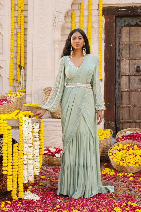Sage Green Embroidered Pre-draped Saree Set With Belt.