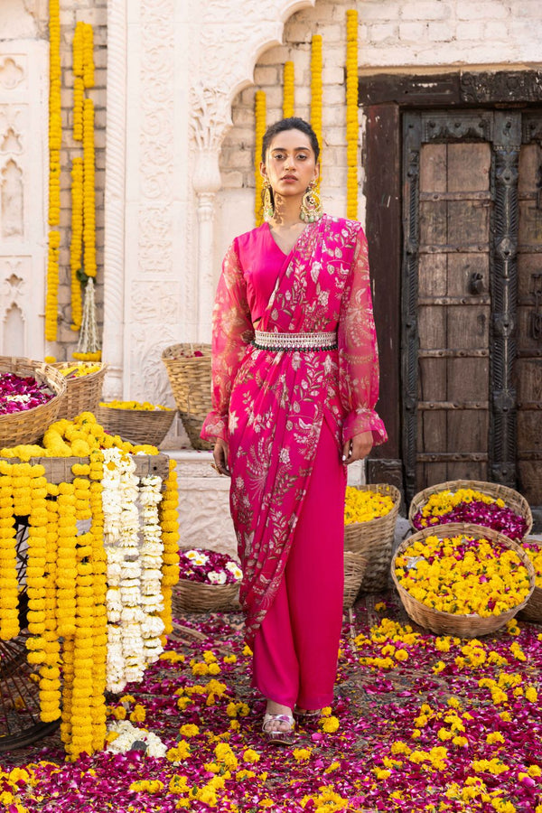 Hot Pink Crop Top With Pant Saree And Embroidered Belt