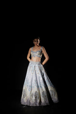 Ice Blue Applique Raw Silk Lehenga Set