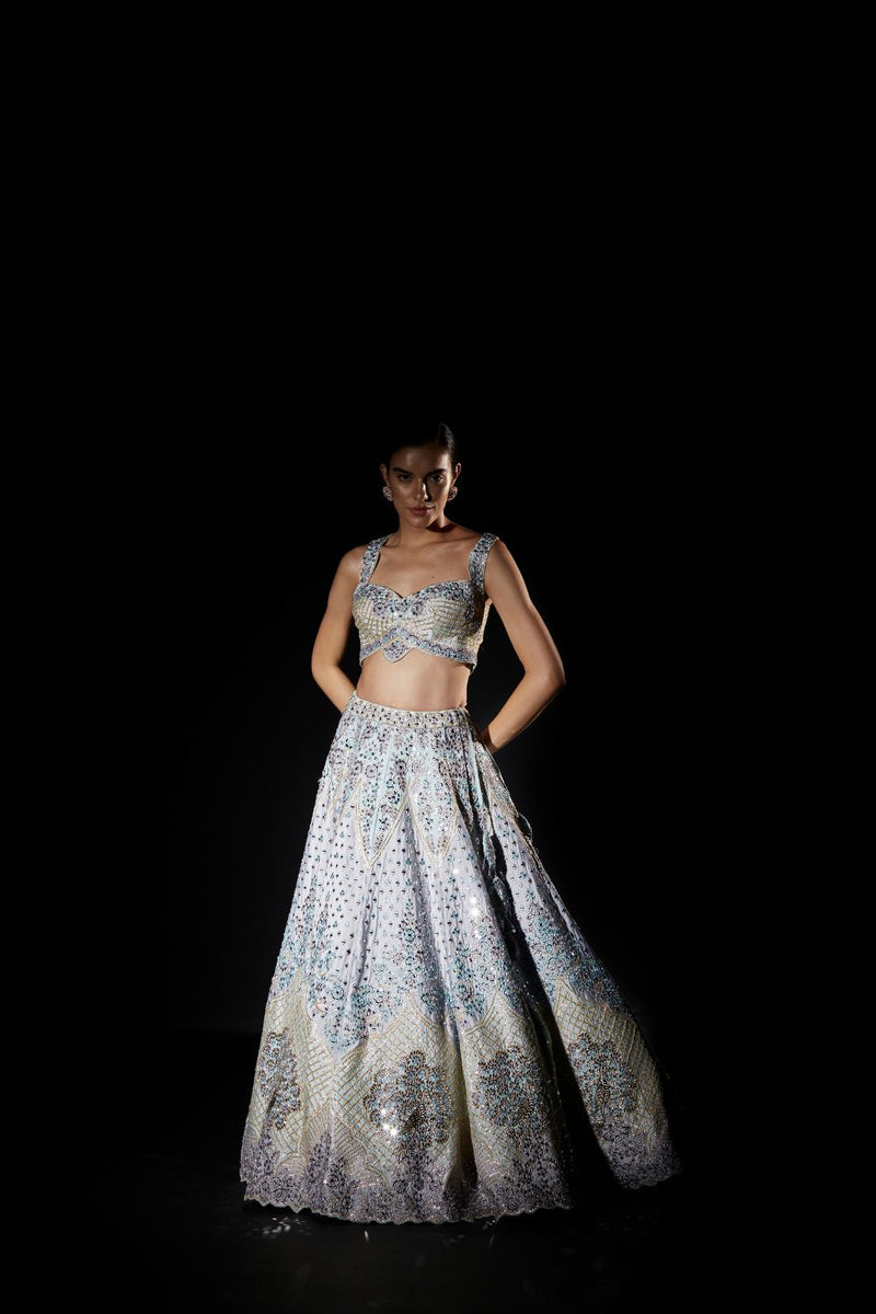 Ice Blue Applique Raw Silk Lehenga Set