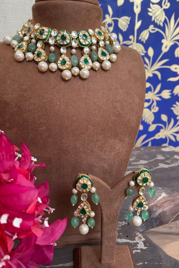 GREEN MEENAKARI NECKLACE SET WITH WHITE PEARL