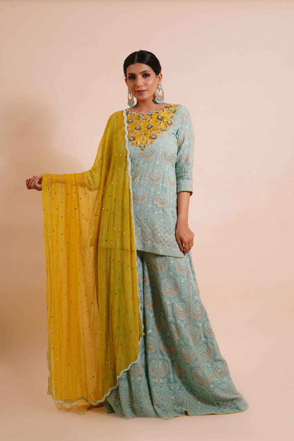 3 Piece Hand Embroidered Sharara With Kurta And Dupatta