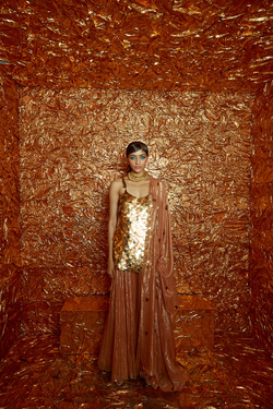 Golden Sequin Hand-Embroidered Kurta with Tan Lurex Sharara and Dupatta