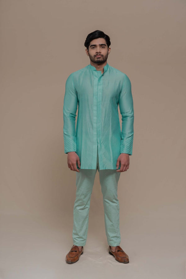 TURQUOISE CHANDERI SILK KURTA SET