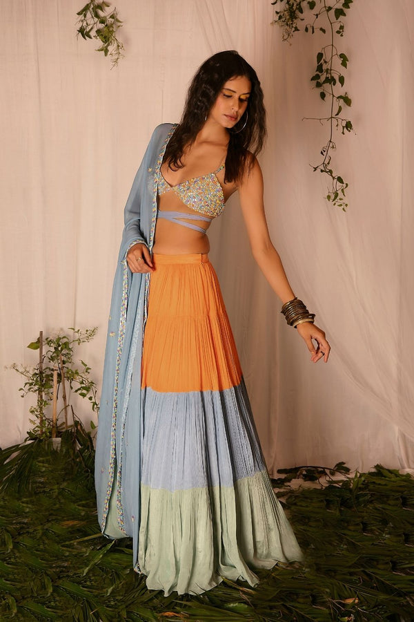 Tie-up Hand-embroidered Blouse with Lehenga and Hand-embroidered Dupatta