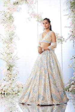 Beige Blue Chevron Sequin Lehenga Set