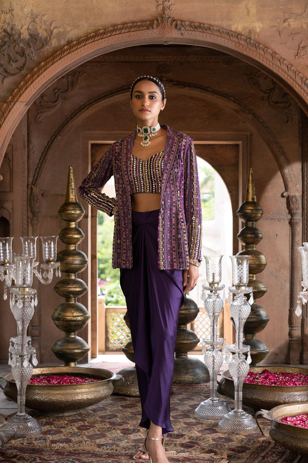 Purple Printed Jacket With Inner And Draped Skirt