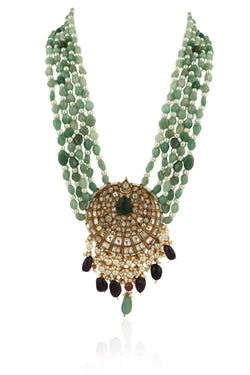 5 LINE SEA GREEN MAALA NECKLACE WITH  BIG PENDANT HANGING