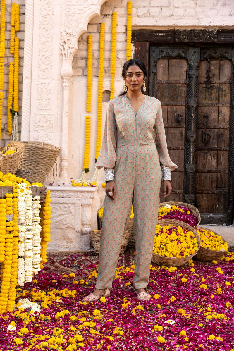 Sage Green Printed Jumpsuit With Embroidered Cuffs