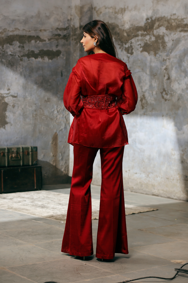 Red Organza Jacket with hand Emroidered Belt and Bell bottom Pants set