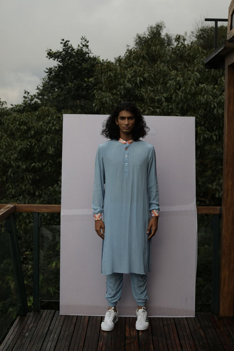 Ice Blue Kurta with Printed Cuff and Joggers Pant