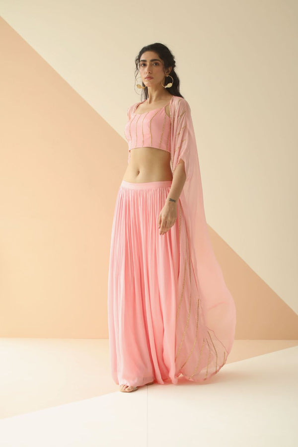 BABY PINK STEP LINE BLOUSE SHARARA WITH LINE ORGANZA JACKET