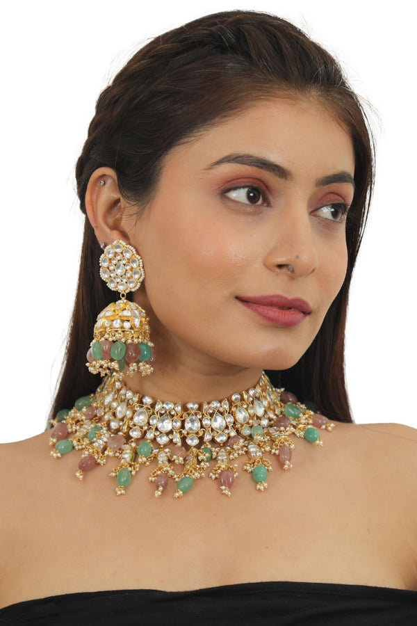 PASTEL PINK AND SEA GREEN  BEADS  NECKLACE  SET IN 22KT GOLD PLATING, WITH JHUMKI EARINGS