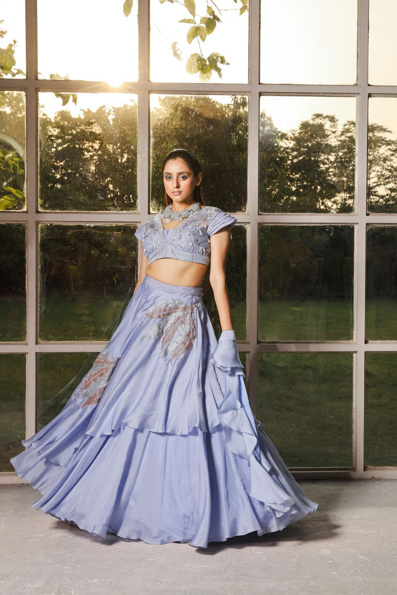 Periwinkle embroidered double layer lehenga set with ruffle dupatta