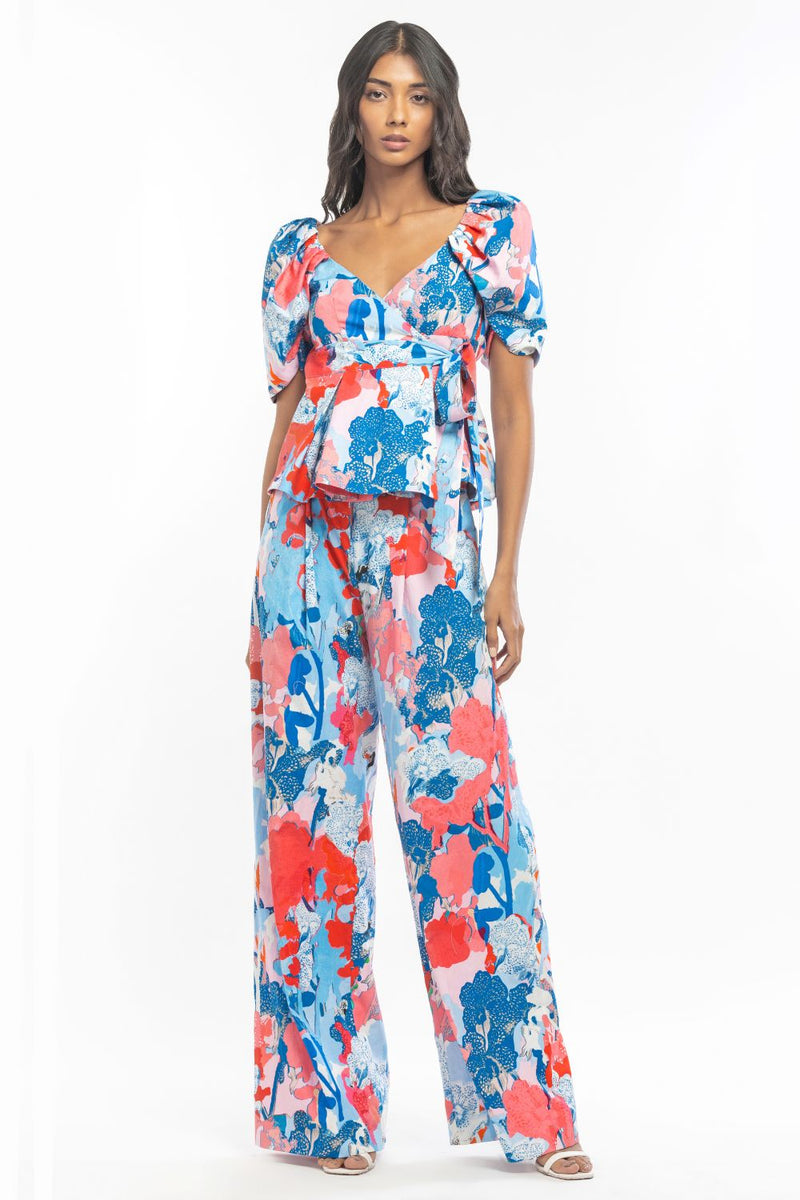 COTTON POPLIN PRINTED WRAP TOP WITH PRINTED PANTS