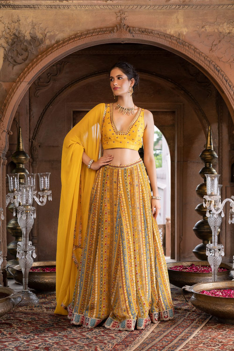 Yellow Printed Lehenga Set