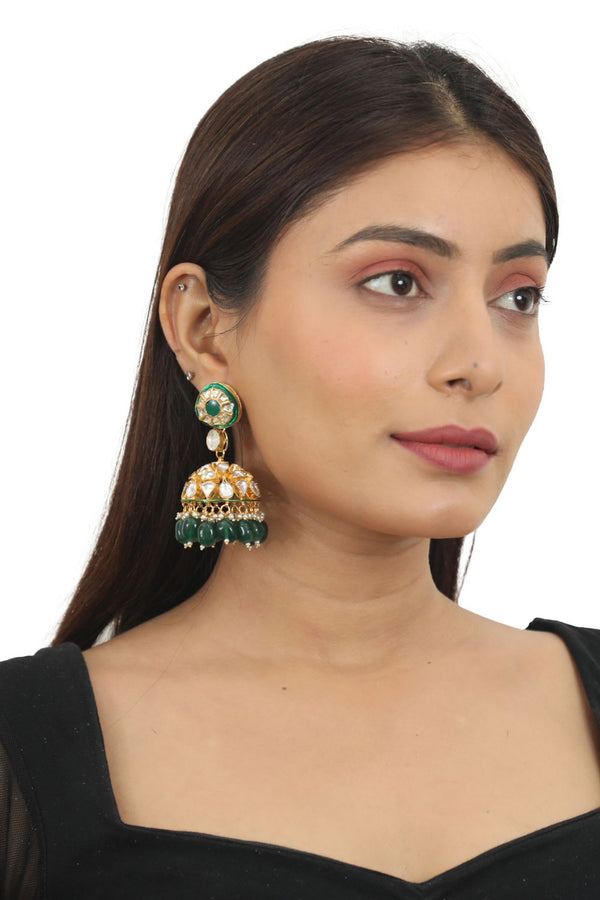 GREEN MEENAWORK JHUMKI WITH GREEN BEADS