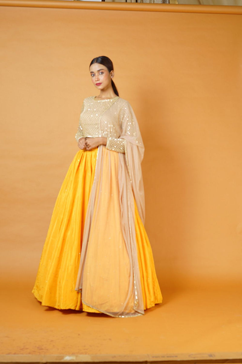 Gold Blouse And Dupatta With Fire Yellow Lehenga