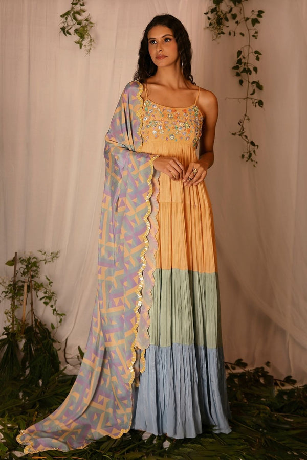 Tiered Anarkali with Embroidered Yoke with Printed and Embroidered Scallop Dupatta