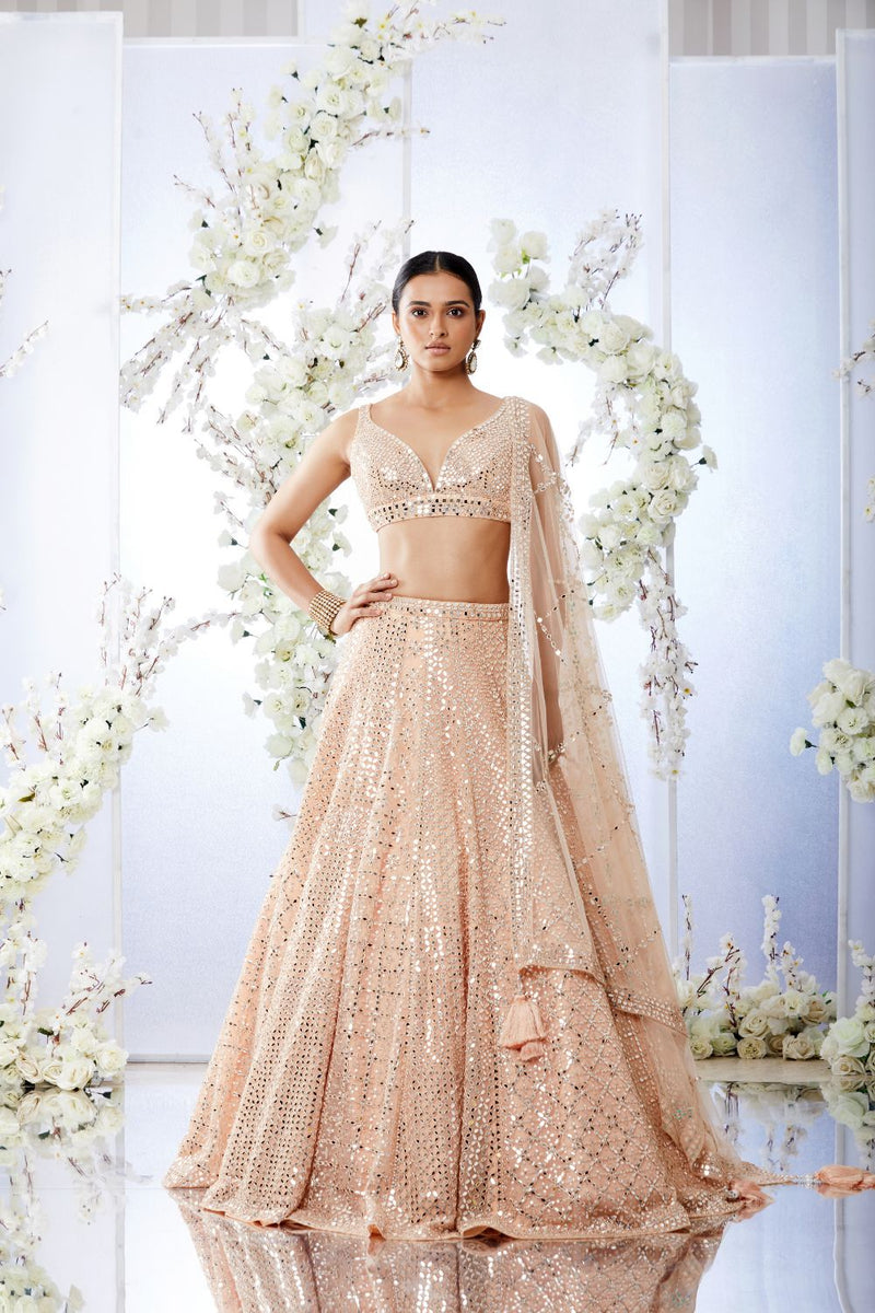 Peach Mirror Work Lehenga Set