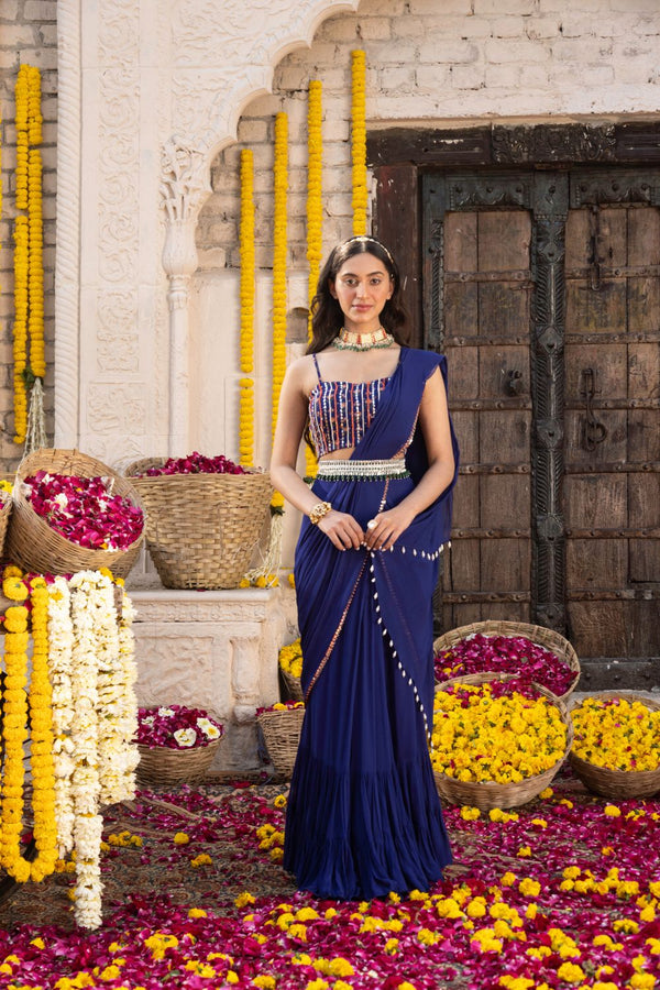 Royal Blue Embroidered Saree Set With Belt