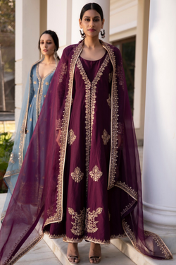 Purple Chanderi Jacket Suit