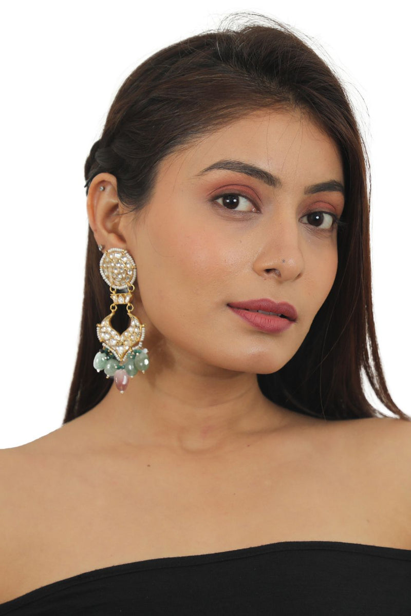 WHITE JADTAR STONE EARRINGS WITH SEA GREEN AND PASTEL PINK BEADS