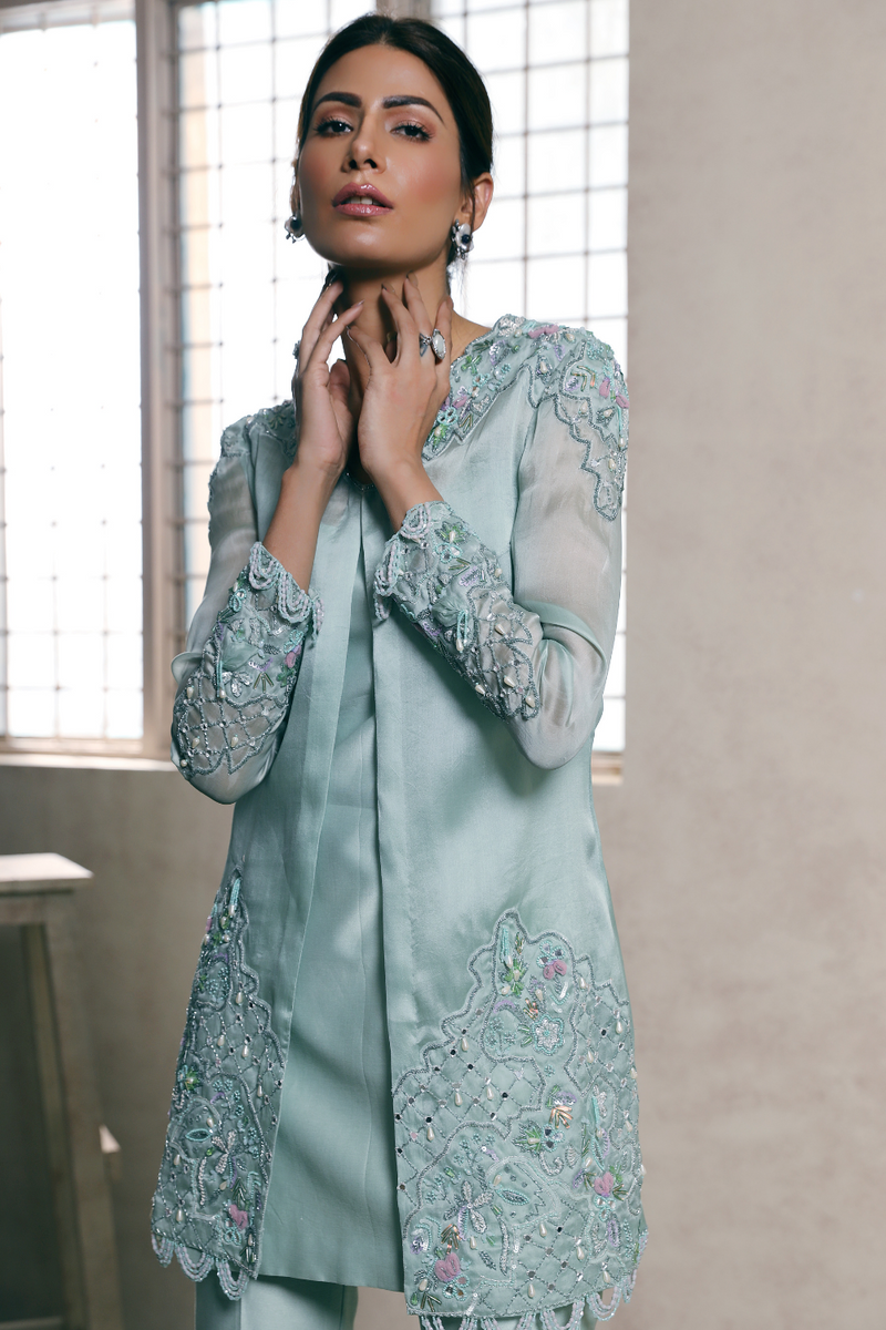 Mint Organza Hand Embroidered tunic with pants set