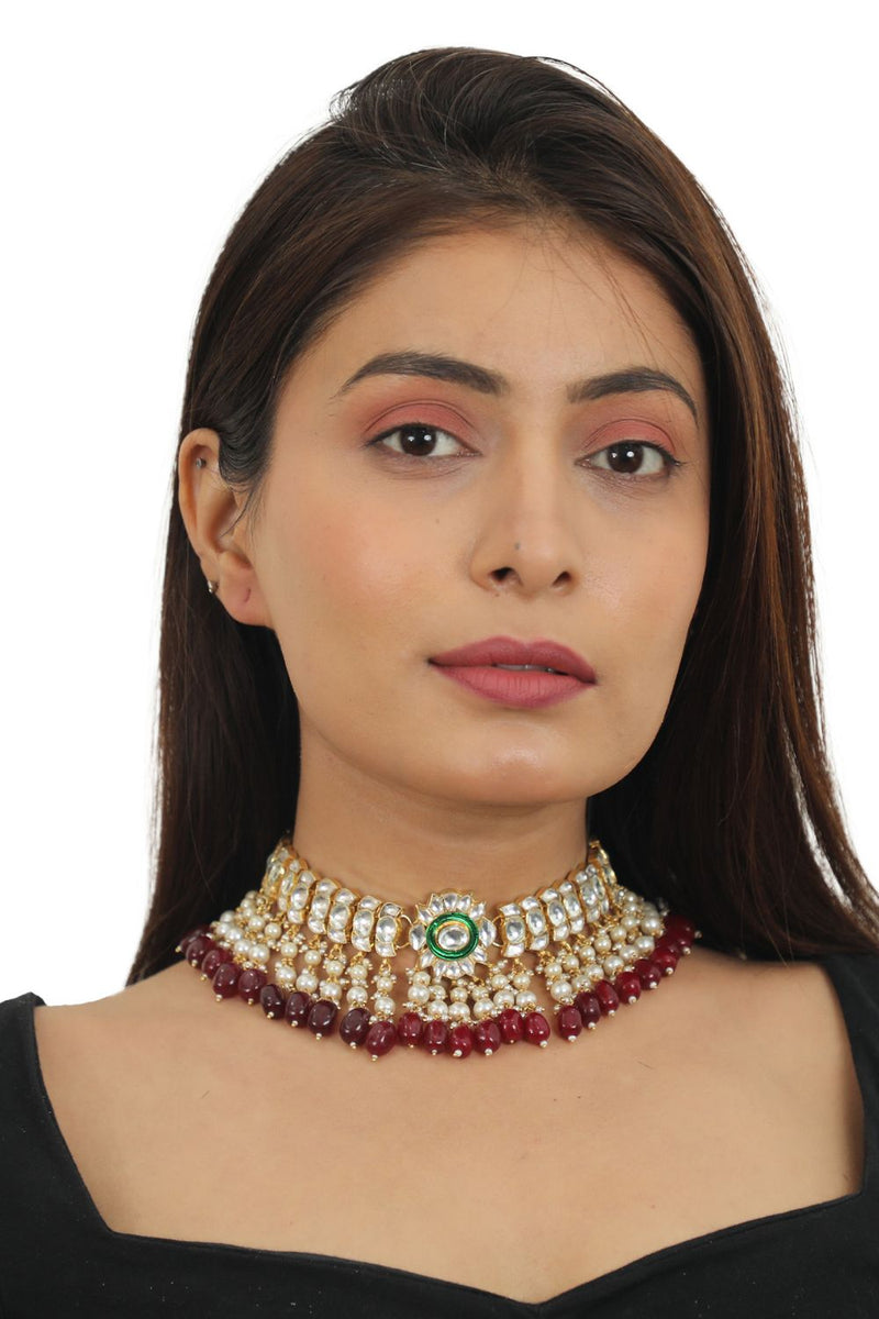 RED BEADS WITH GREEN MEENAKARI WHITE JADTAR  CHOKER SET