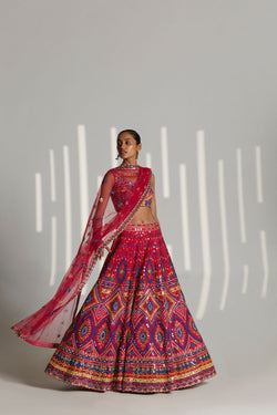 Hot Pink Raw Silk Mirror Lehenga Set